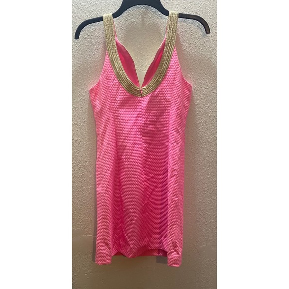 Lilly Pulitzer Emery Shift Dress Women's Size 0 Pink Gold Embellished V Neck - Picture 4 of 13